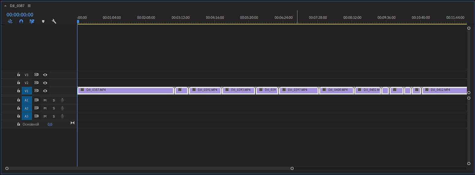 Adobe Premiere Pro автоназначение видеопереходов между всеми фрагментами в клипе